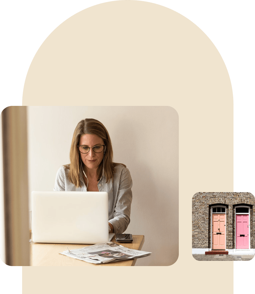 Image blocks lady at desk and colourful doors Image blocks lady at desk and colourful doors