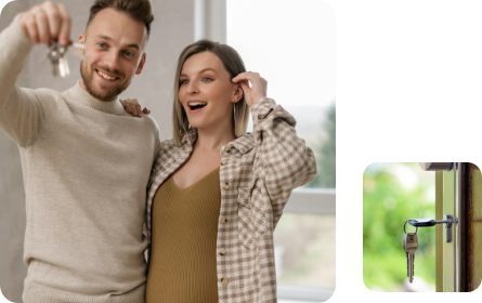 A montage showing a young couple holding up new house keys and keys hanging in a door lock