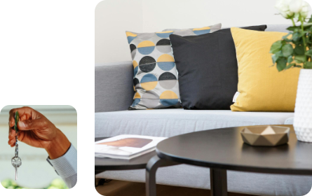 A montage showing a sofa with brightly coloured cushions on it and a hand holding some house keys