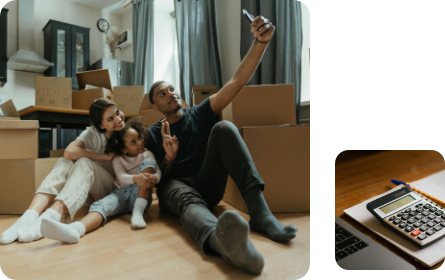 A montage showing a family taking a selfie beside a pile of moving boxes and a calculator sits on a desk