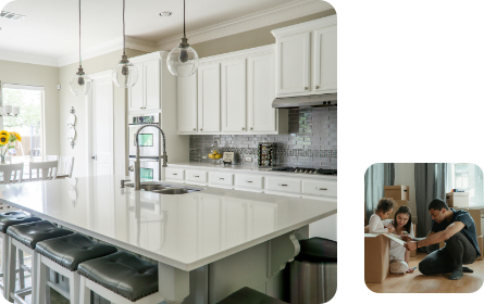 A montage showing a large white kitchen and a family sitting on the floor packing boxes