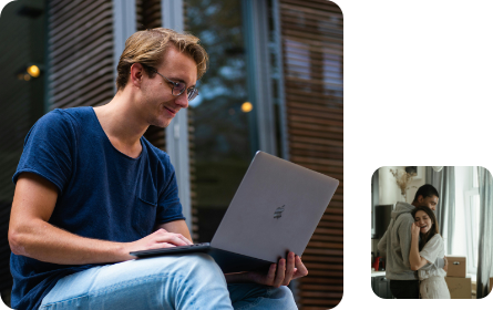 A montage showing a man using a laptop outside and a couple hugging inside their house