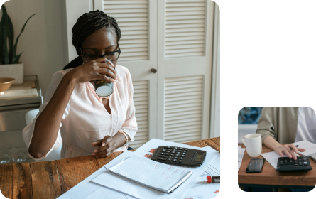 A montage showing a woman drinking from a mug while doing some calculations and a hand using a calculator on a desk