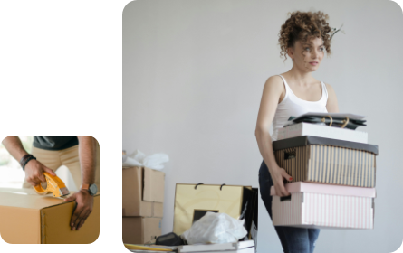 A montage showing a woman carrying a stack of boxes and a man taping a box up