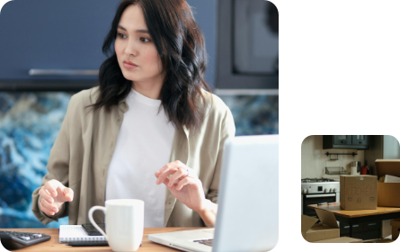 A montage showing a woman working at a laptop and a moving box sitting on a kitchen table