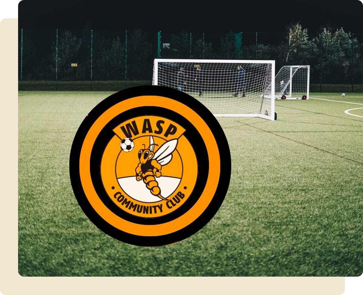 Football pitch in the background with the Wasp Community Club football logo overlayed